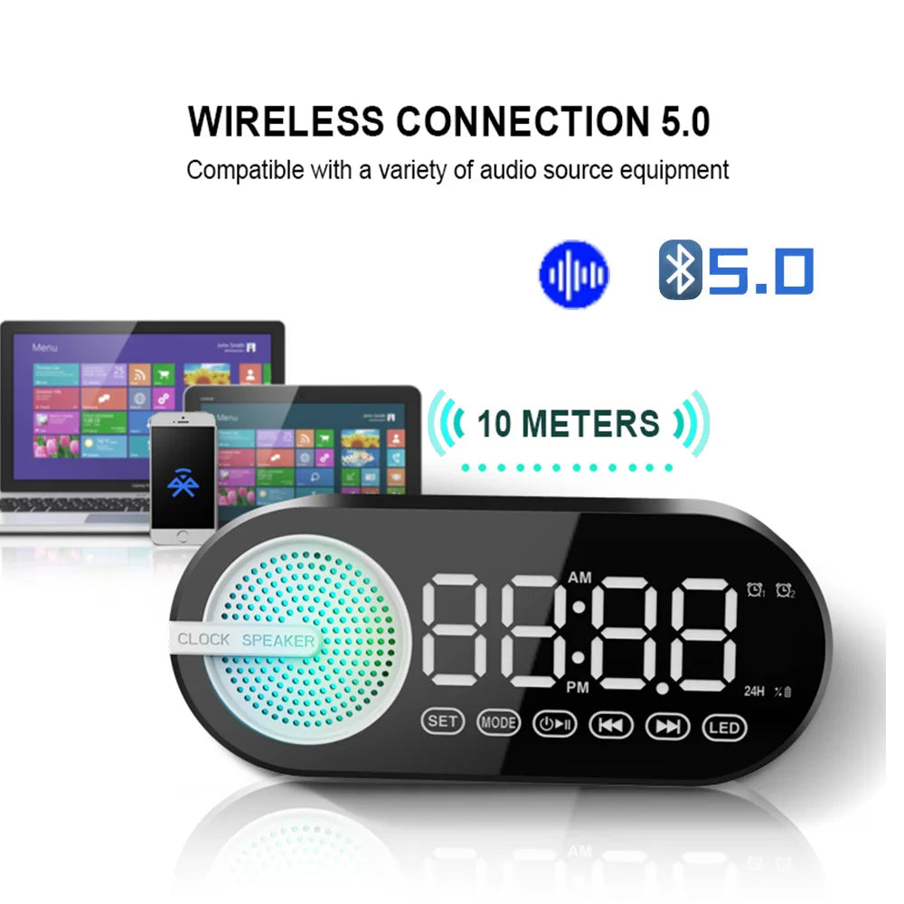 Quiet Wireless Bluetooth Speaker Alarm Clock RGB TWS USB LED Mirror Digital Clock Mini AI Smart Alarm Clock Speaker for Home