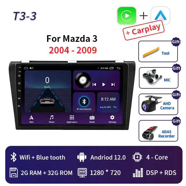 2 Din Android 12 for Mazda 3 2004-2013 Car Radio Multimedia Player Stereo Navigation With BOSE Carplay Speakers Head Unit Video