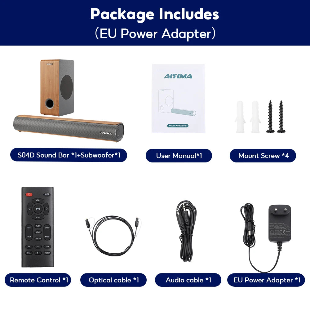 AIYIMA S04D 19 Inch 120W Soundbar Wireless Subwoofer for TV Bluetooth 2.0 Channel 3D Surround Sound Bar Speakers Home Theater