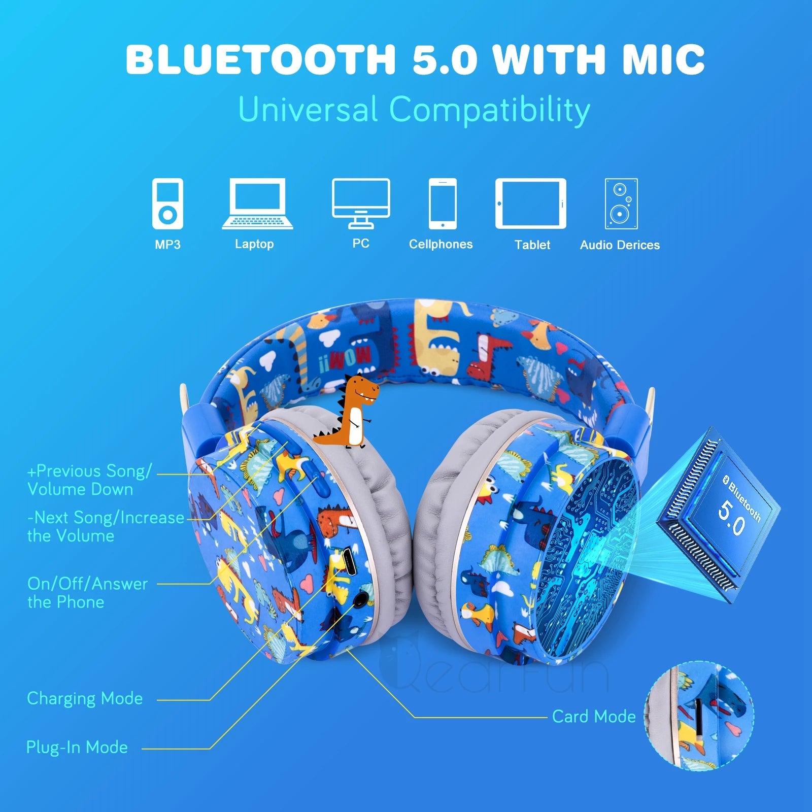 Christmas Gift Kids Headphones Dinosaur Wirless Bluetooth Headset Stereo Music Headphones for Phone Ipad Box With Dinosaur Toy