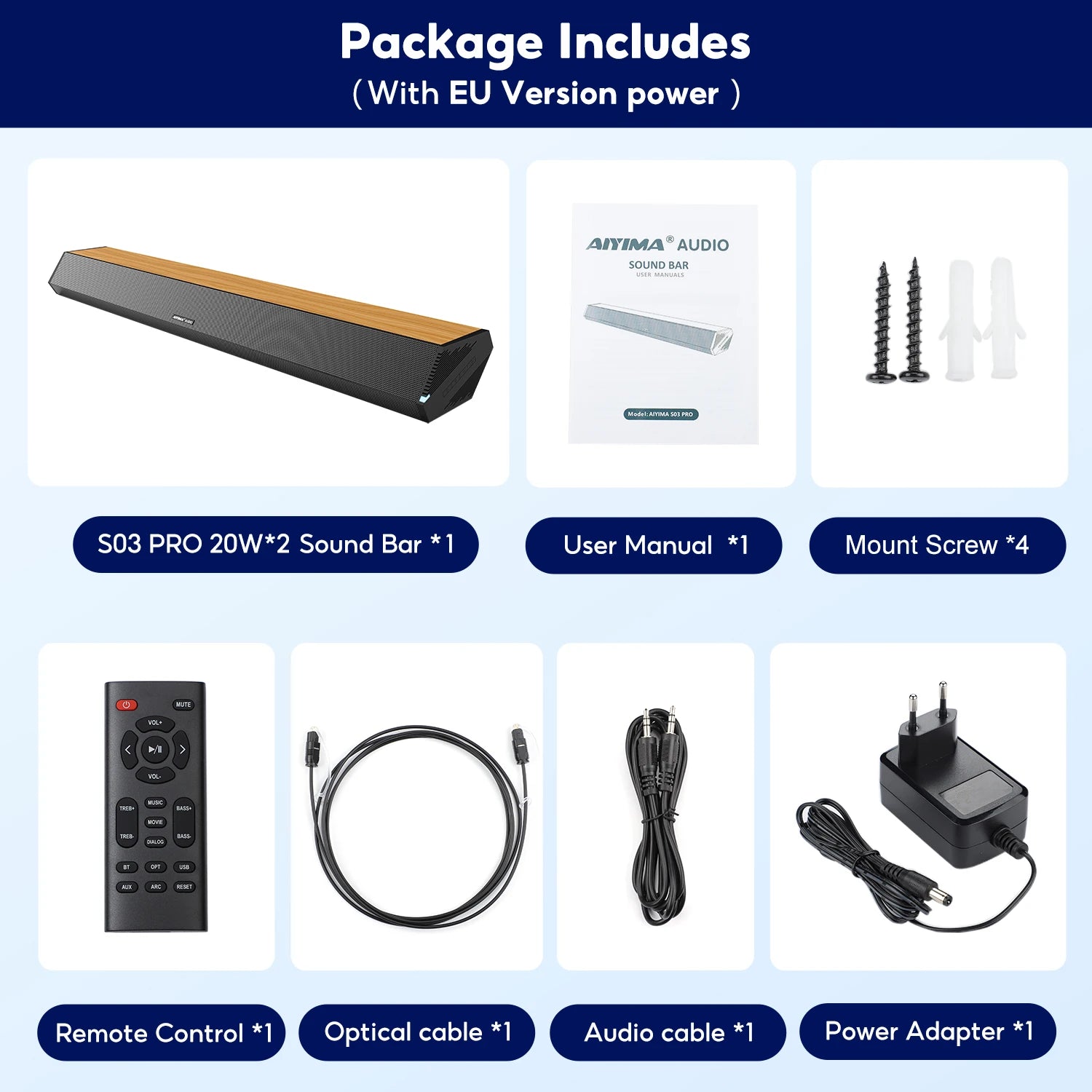 AIYIMA S03 Pro TV Sound Bar Power 160W Bluetooth Wood Grain Surround Soundbar Home Sound Theater TV HIFI Speaker Subwoofer