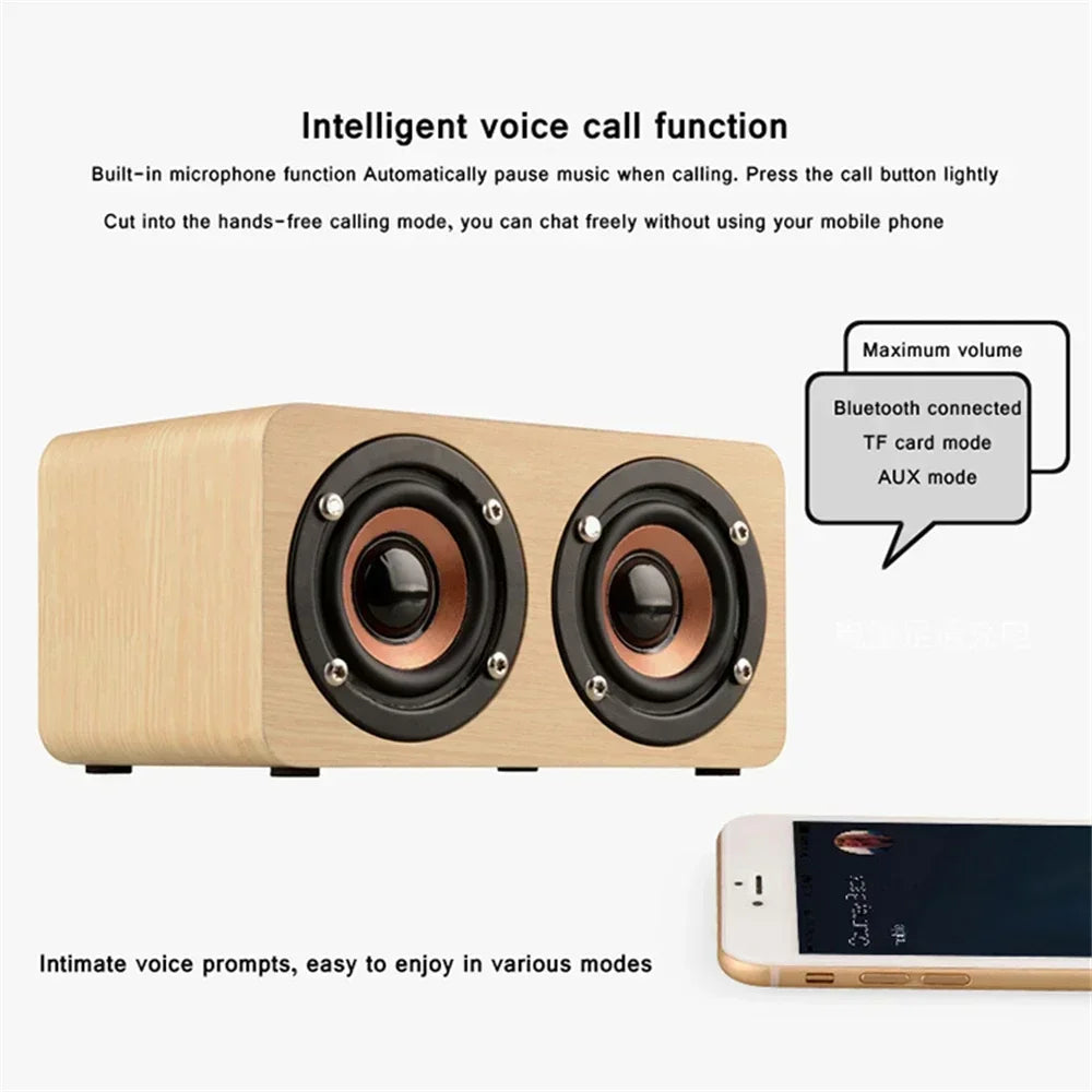 3.5mm Aux Mode Portable Bluetooth Speakers 10W Wooden Speaker Dual Horn Sound Box for Smartphones Wireless Subwoofer TF Card
