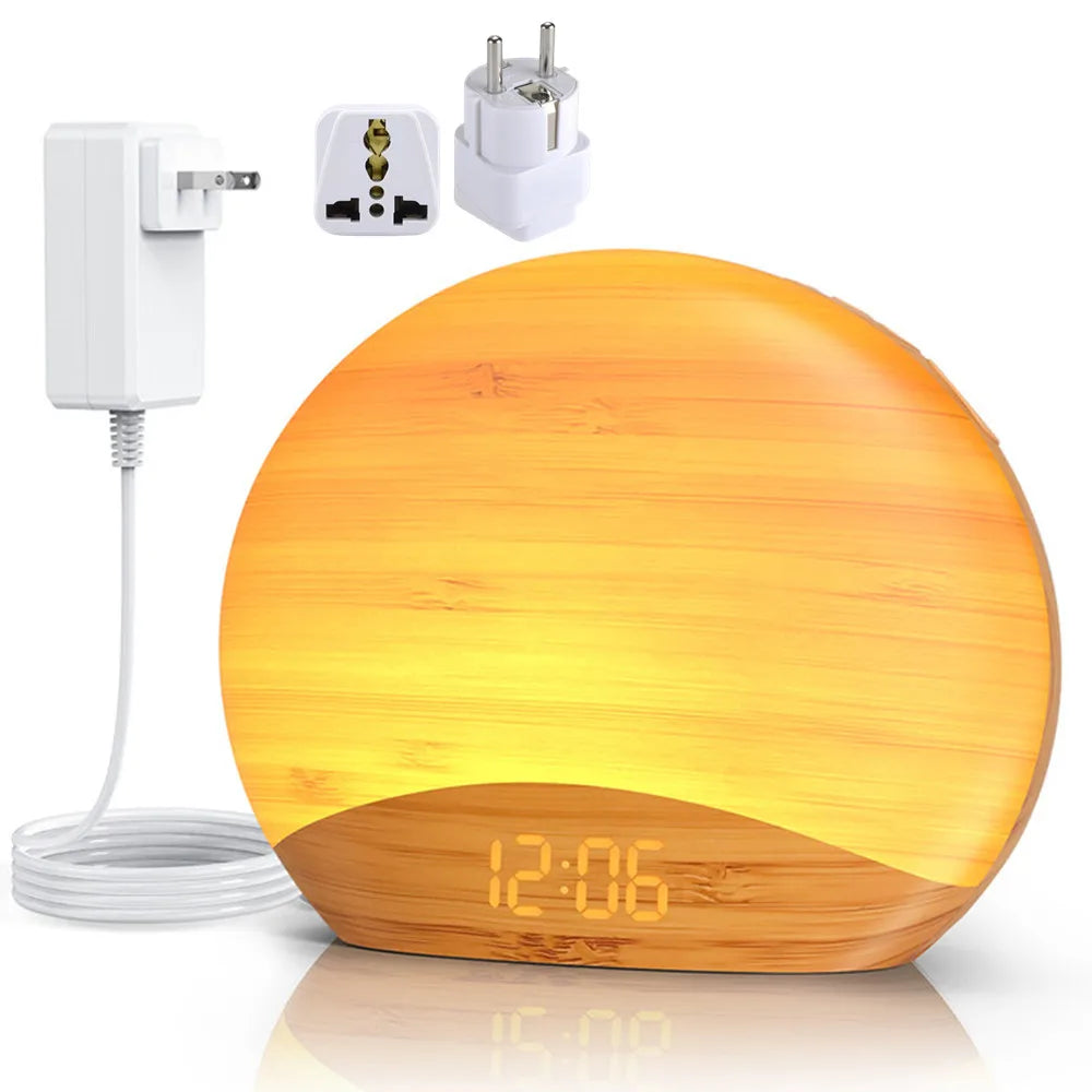 KERCHAN Natural Wood Grain Sound Machine Sunrise Alarm Clock26 Nature Inspired Sleeping Sounds,0-100% Dimmable Clock,Night Light
