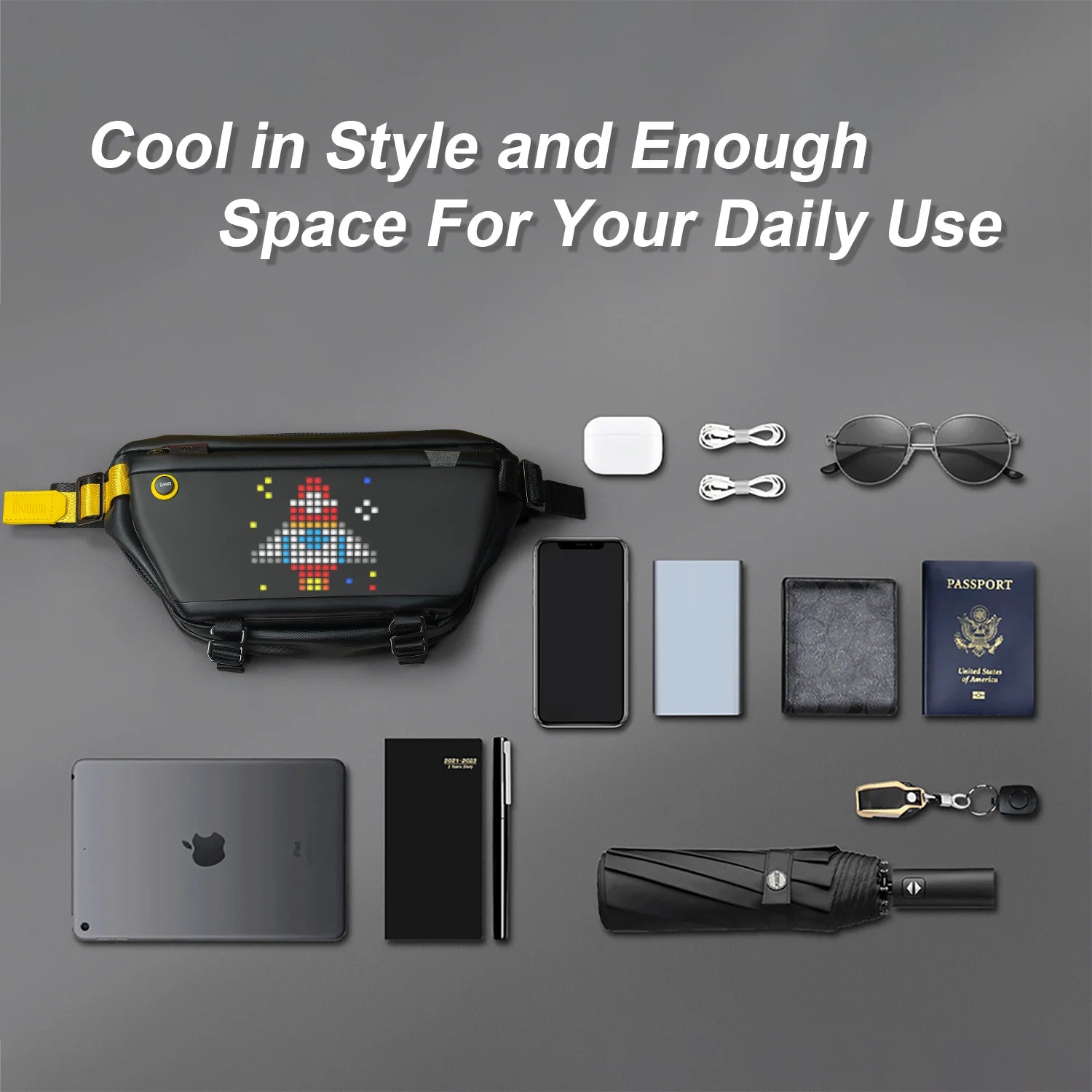 Divoom Sling Bag Customizable Pixel Art Speaker Bag Fashion Design Waterproof for Biking Hiking Outside Activity Big Space