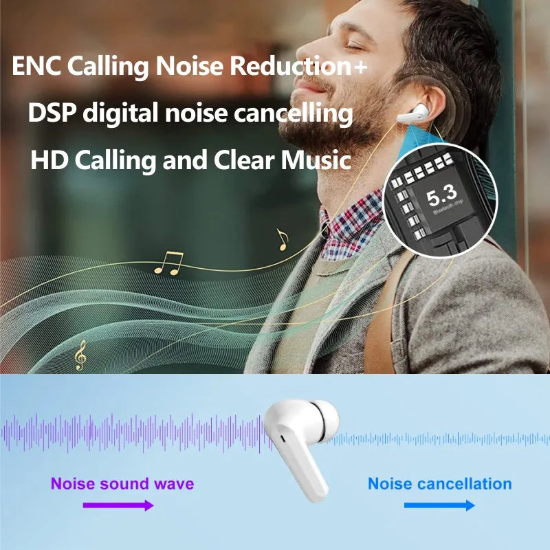 2024 New ENC Noise Cancelling Bluetooth Headset Long Battery Life Low Latency Power Display Touch Sports Stereo Earbuds