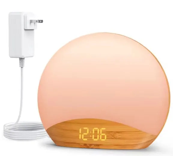 KERCHAN Wood Grain Sunrise Alarm Clock and Sound Machine Nightlight,Digital Dimmable Clock for Bedroom,26 Sleep Sounds