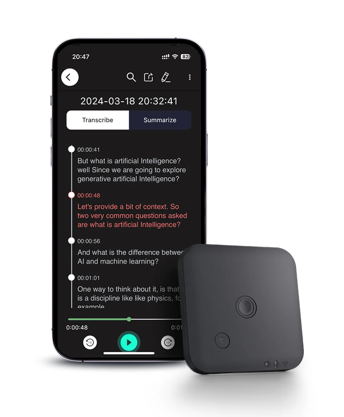 AI-Powered Voice Recorder and Call Recorder With Speech-To-Text & Summarization, Supports 100 Languages, 64GB Storage