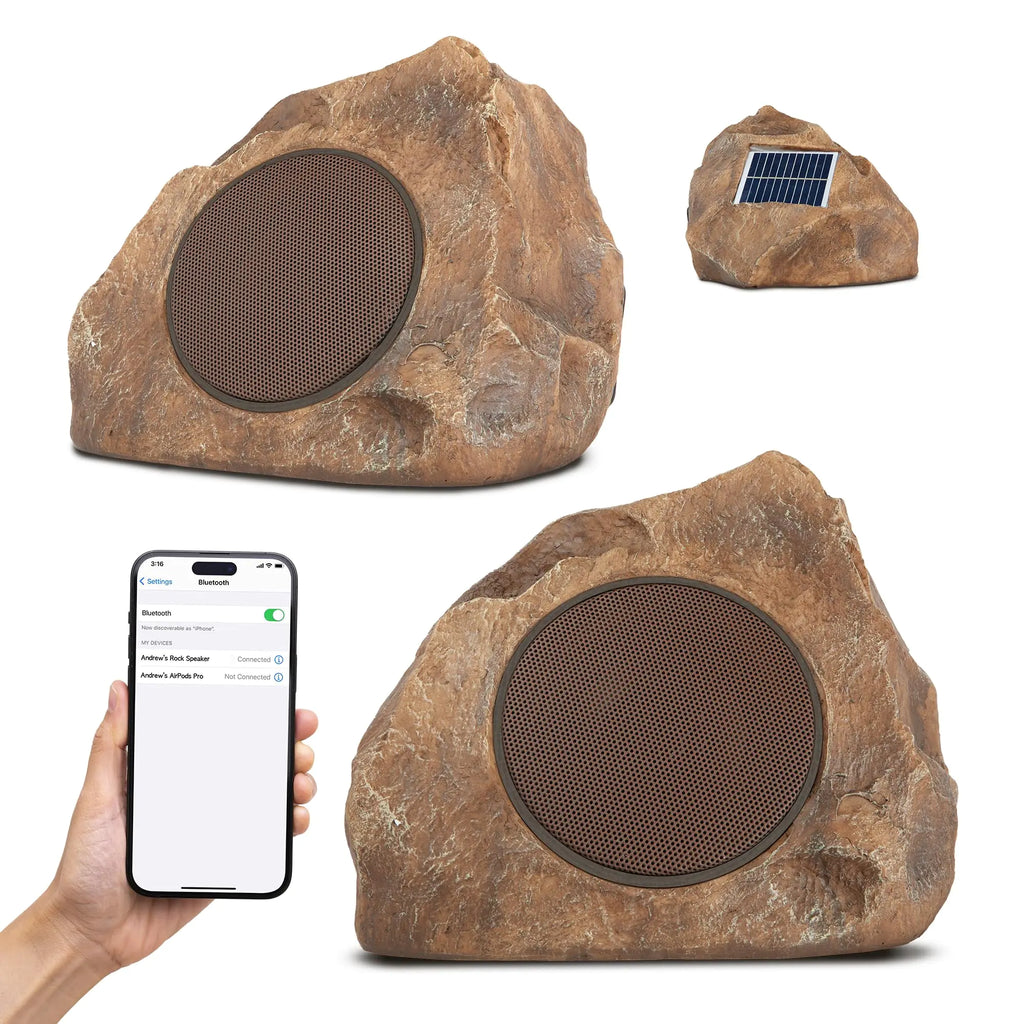 Homewell Solar Rock Speakers - Outdoor Waterproof Speakers Bluetooth Wireless - Weatherproof Landscape Speakers for Pool Patio Deck Backyard Garden - Year Round Out Door Speakers (2-Pack Brown)