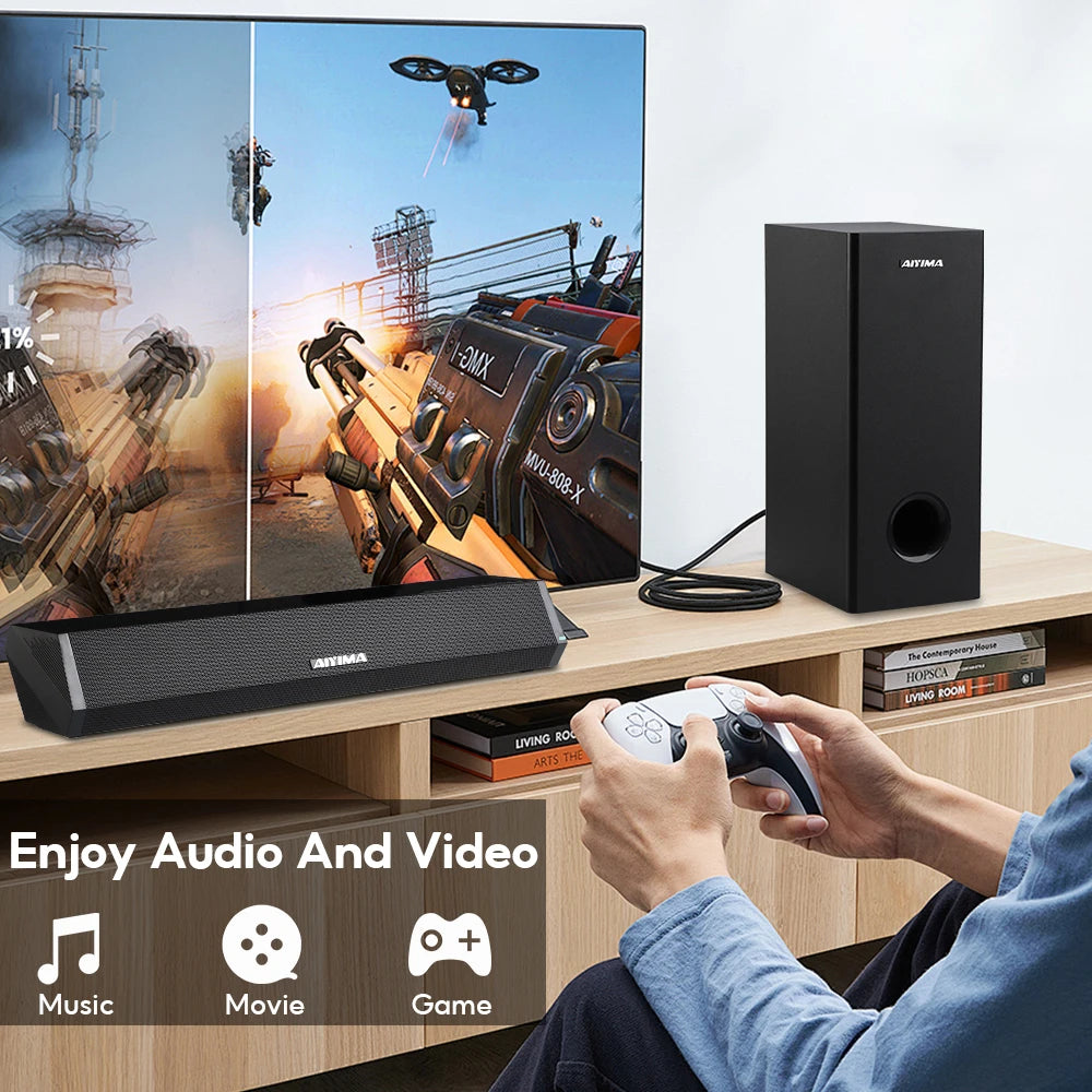 AIYIMA S03D Audio Soundbar With Subwoofer for Home TV Wireless Bluetooth 2.1 Sound Bar HD Surround Sound System for PC Gaming