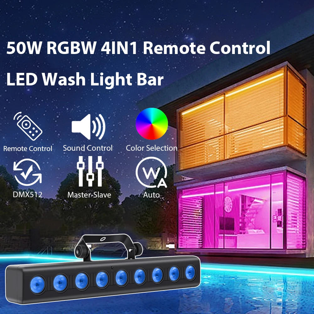 LED Stage Wash Light 4IN1 RGBW Remote Control Sound Activated DMX Stage Light for Wedding Disco Party Stage DJ Lighting Bar