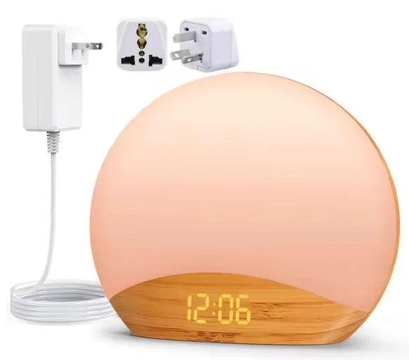 KERCHAN Wood Grain Sunrise Alarm Clock and Sound Machine Nightlight,Digital Dimmable Clock for Bedroom,26 Sleep Sounds