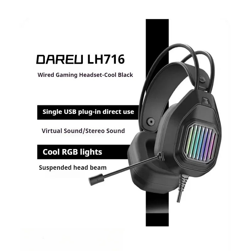 DAREU EH722 Wired Headphones RGB Desktop Laptop Headwear E-Sports Noise Cancelling Gaming Earphones,High Definition Microphone