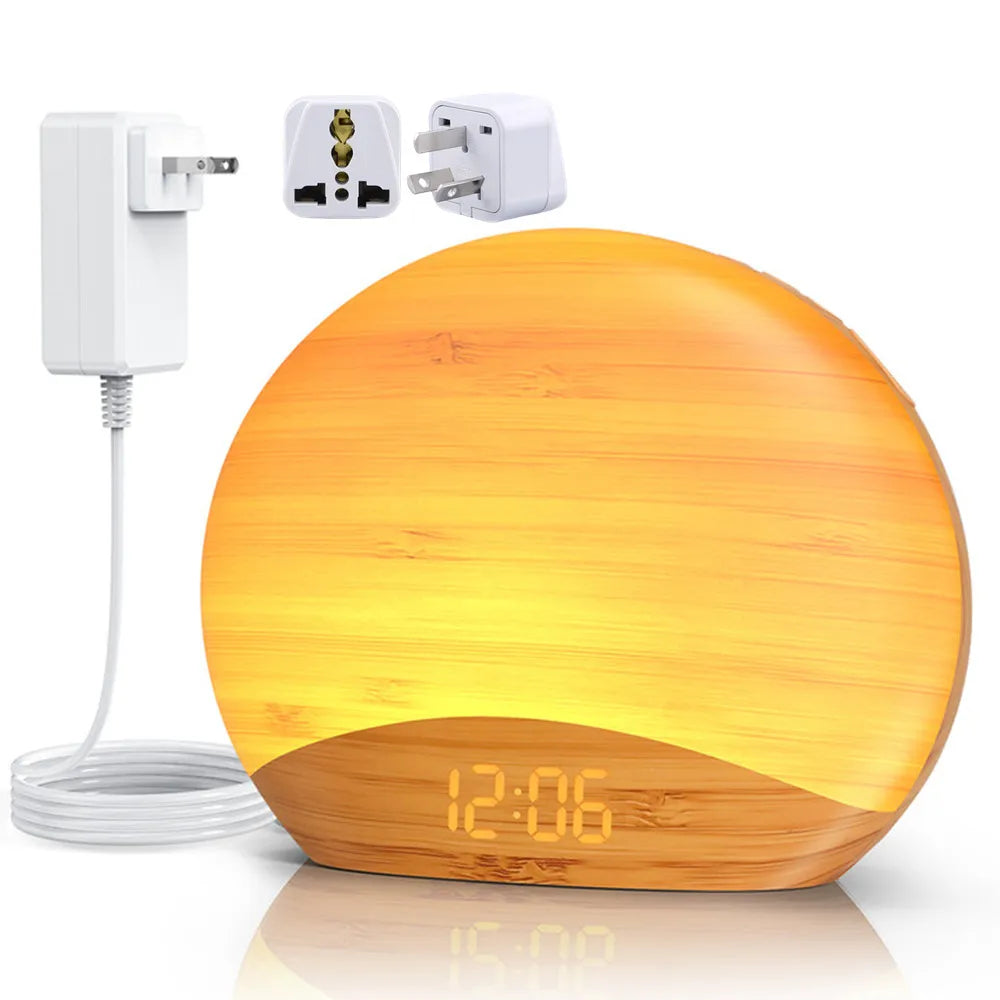 KERCHAN Natural Wood Grain Sound Machine Sunrise Alarm Clock26 Nature Inspired Sleeping Sounds,0-100% Dimmable Clock,Night Light