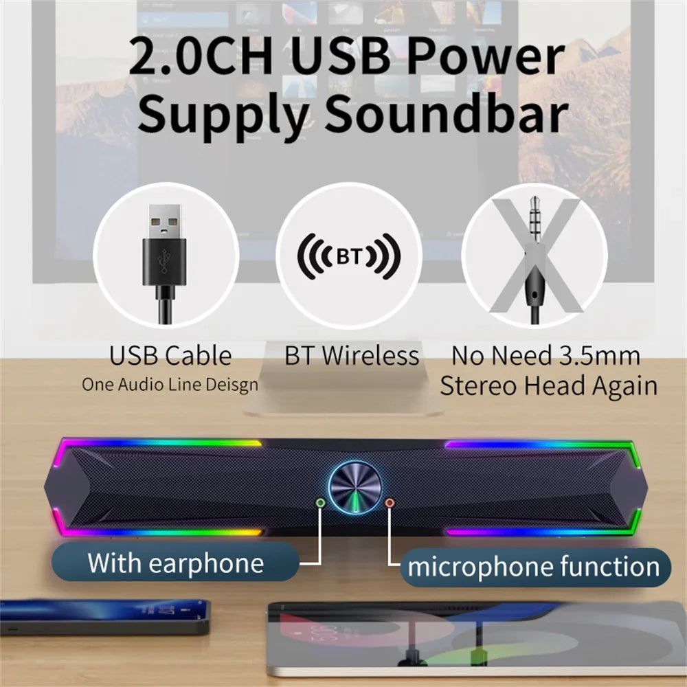 3D Computer Speakers Bluetooth 5.0 Wired Loudspeaker Surround Soundbar Speaker Stereo Subwoofer Sound Bar for Laptop Notebook PC