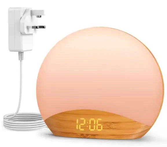 KERCHAN Wood Grain Sunrise Alarm Clock and Sound Machine Nightlight,Digital Dimmable Clock for Bedroom,26 Sleep Sounds