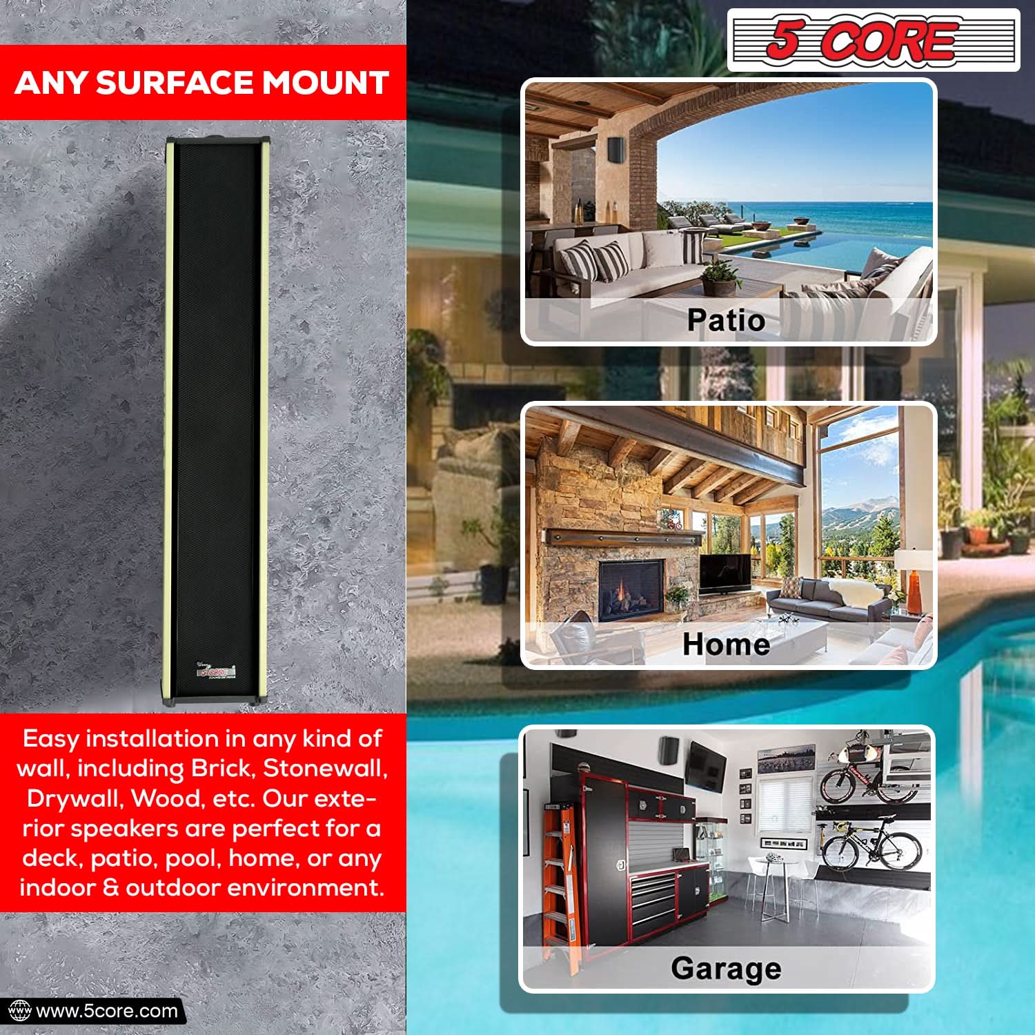 5Core Outdoor Speakers Stereo In Wall 300W Peak Passive Home Audio