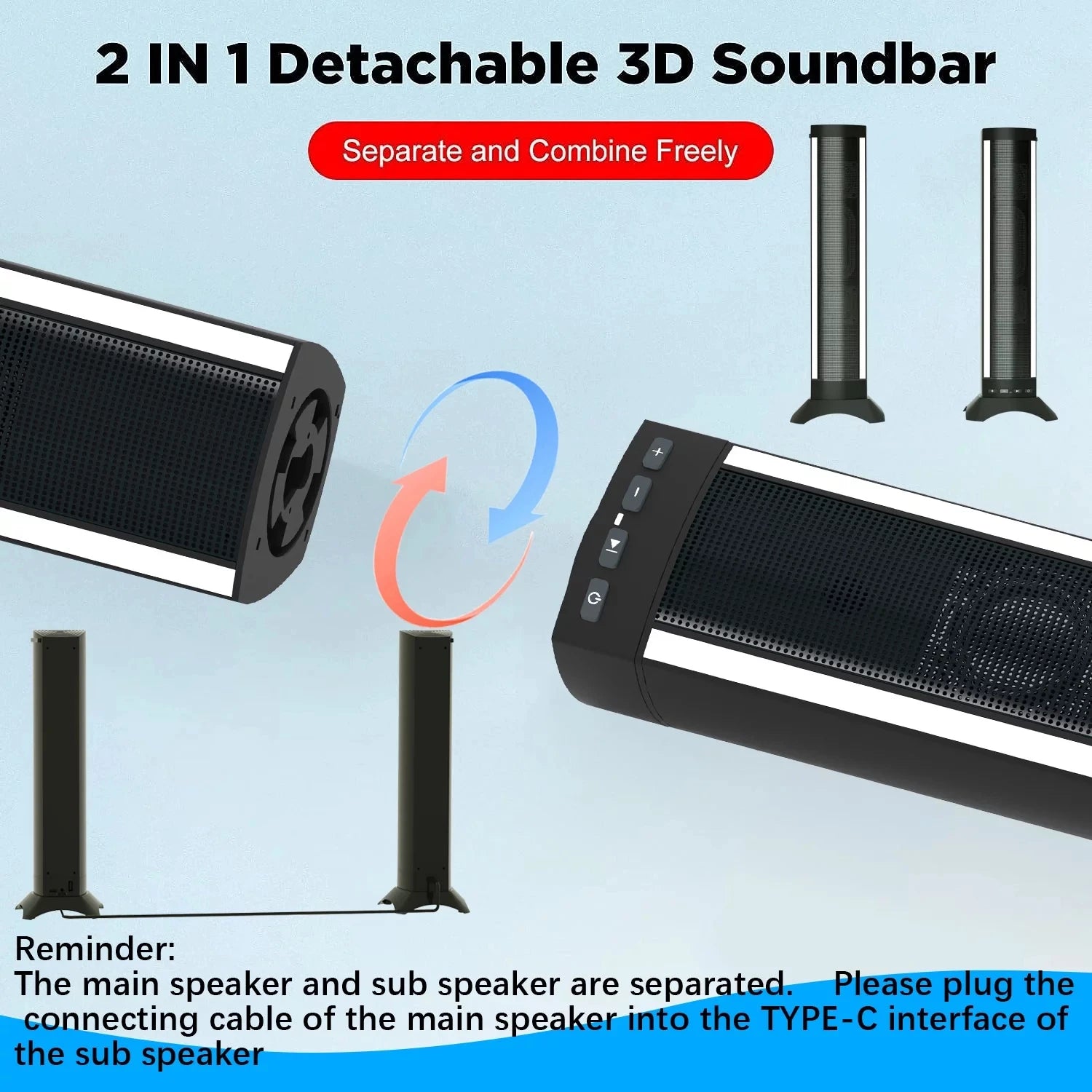 25in Sound Bars for TV Home Theater, Dual Subwoofers & 4 Speakers, 3D Stereo Surround Bluetooth System, Foldable Split Wireless