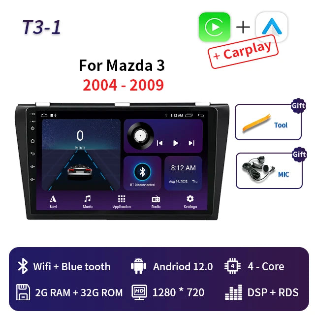 2 Din Android 12 for Mazda 3 2004-2013 Car Radio Multimedia Player Stereo Navigation With BOSE Carplay Speakers Head Unit Video