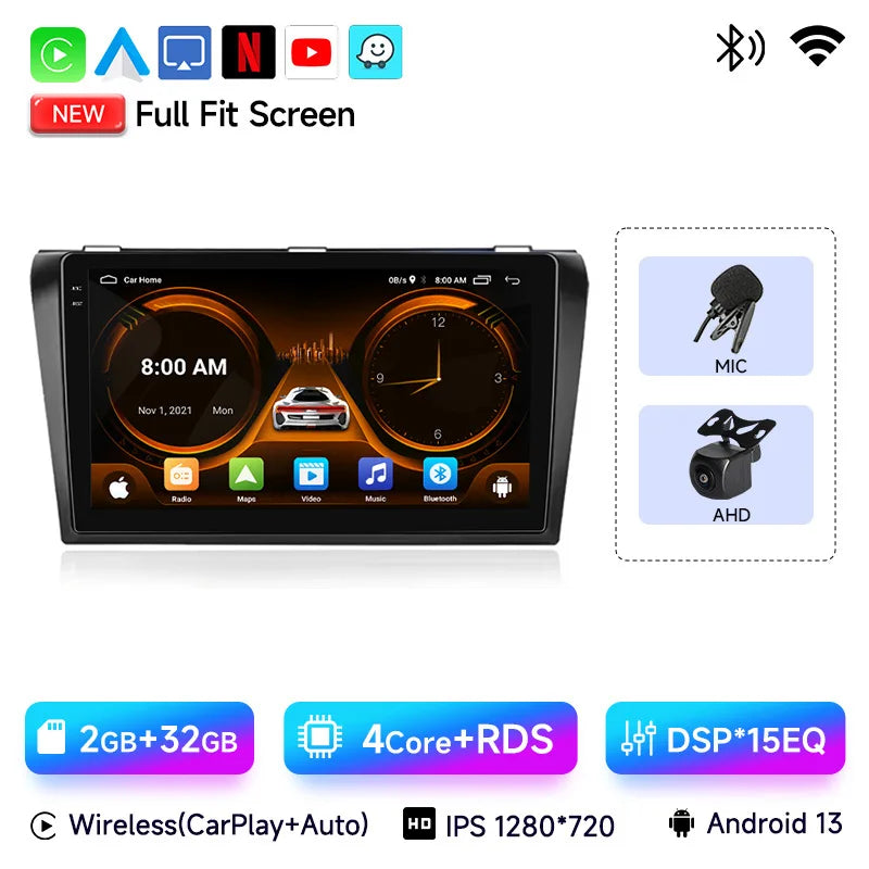 2 Din Android 12 for Mazda 3 2004-2009 Car Radio Multimedia Player Stereo Navigation With BOSE Carplay Speakers Head Unit Video