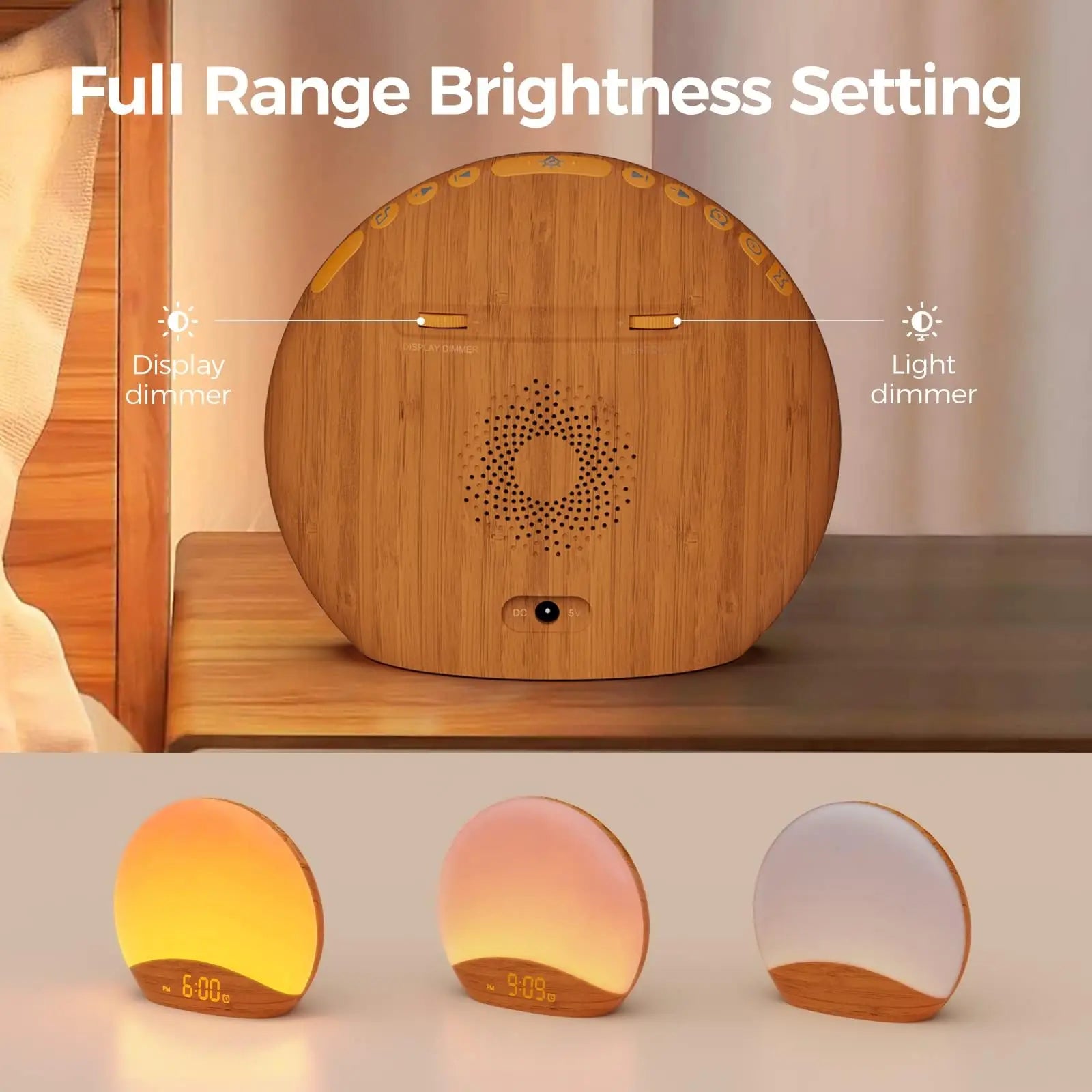 KERCHAN Wood Grain Sunrise Alarm Clock and Sound Machine Nightlight,Digital Dimmable Clock for Bedroom,26 Sleep Sounds