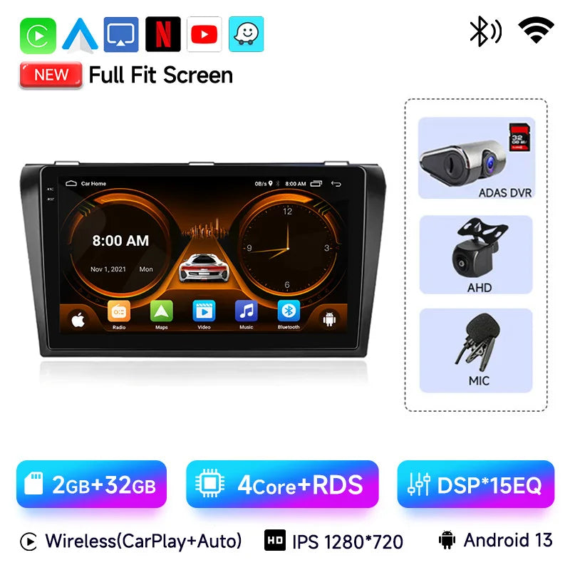 2 Din Android 12 for Mazda 3 2004-2009 Car Radio Multimedia Player Stereo Navigation With BOSE Carplay Speakers Head Unit Video