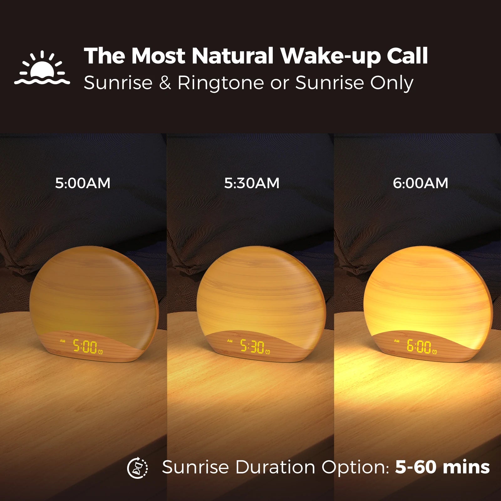 KERCHAN Natural Wood Grain Sound Machine Sunrise Alarm Clock26 Nature Inspired Sleeping Sounds,0-100% Dimmable Clock,Night Light