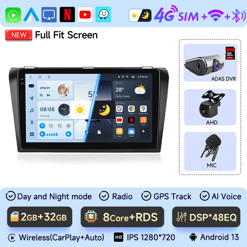 2 Din Android 12 for Mazda 3 2004-2009 Car Radio Multimedia Player Stereo Navigation With BOSE Carplay Speakers Head Unit Video