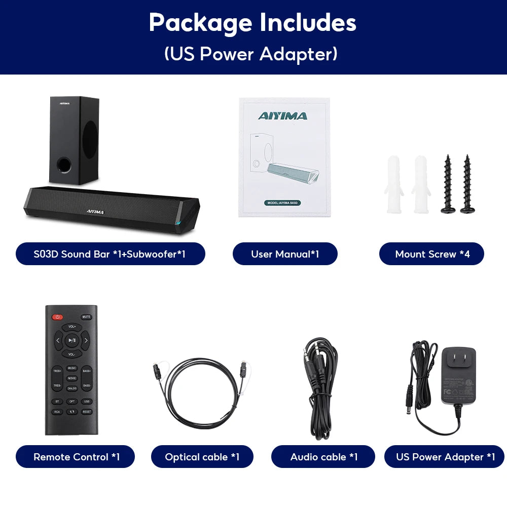 AIYIMA S03D Audio Soundbar With Subwoofer for Home TV Wireless Bluetooth 2.1 Sound Bar HD Surround Sound System for PC Gaming