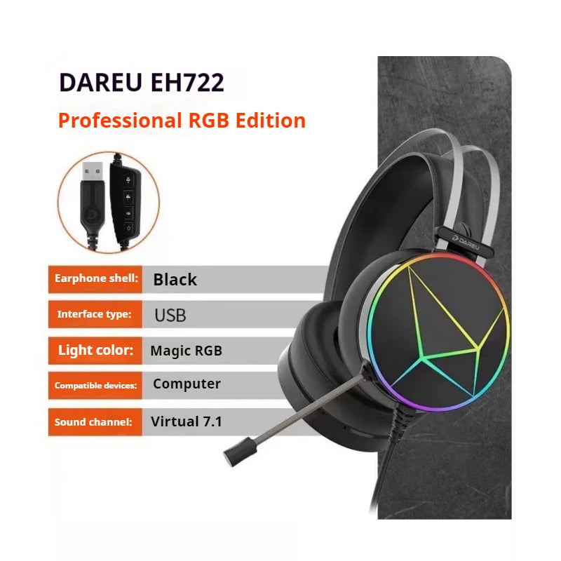 DAREU EH722 Wired Headphones RGB Desktop Laptop Headwear E-Sports Noise Cancelling Gaming Earphones,High Definition Microphone