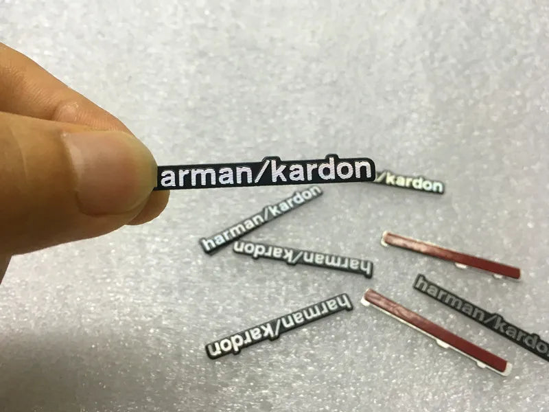 New Styles 100pcs/Lot Harman/Kardon Hi-Fi Speaker Audio Speaker 3D Aluminum Badge Emblem Stereo Sticker 44x5mm