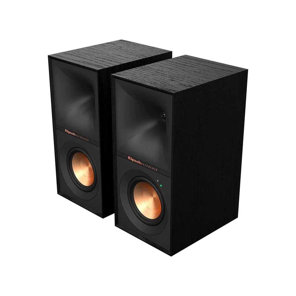 Klipsch Reference R-40PM Powered Bookshelf Speakers - 90-Degree x 90-Degree Tractrix Horn - Linear Travel Suspension - Sleek Modern Appearance