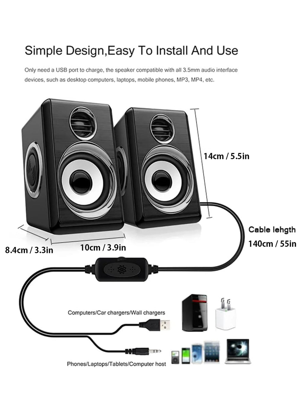Computer Stereo 1 Pair USB+AUX Wired Computer Speakers Bass