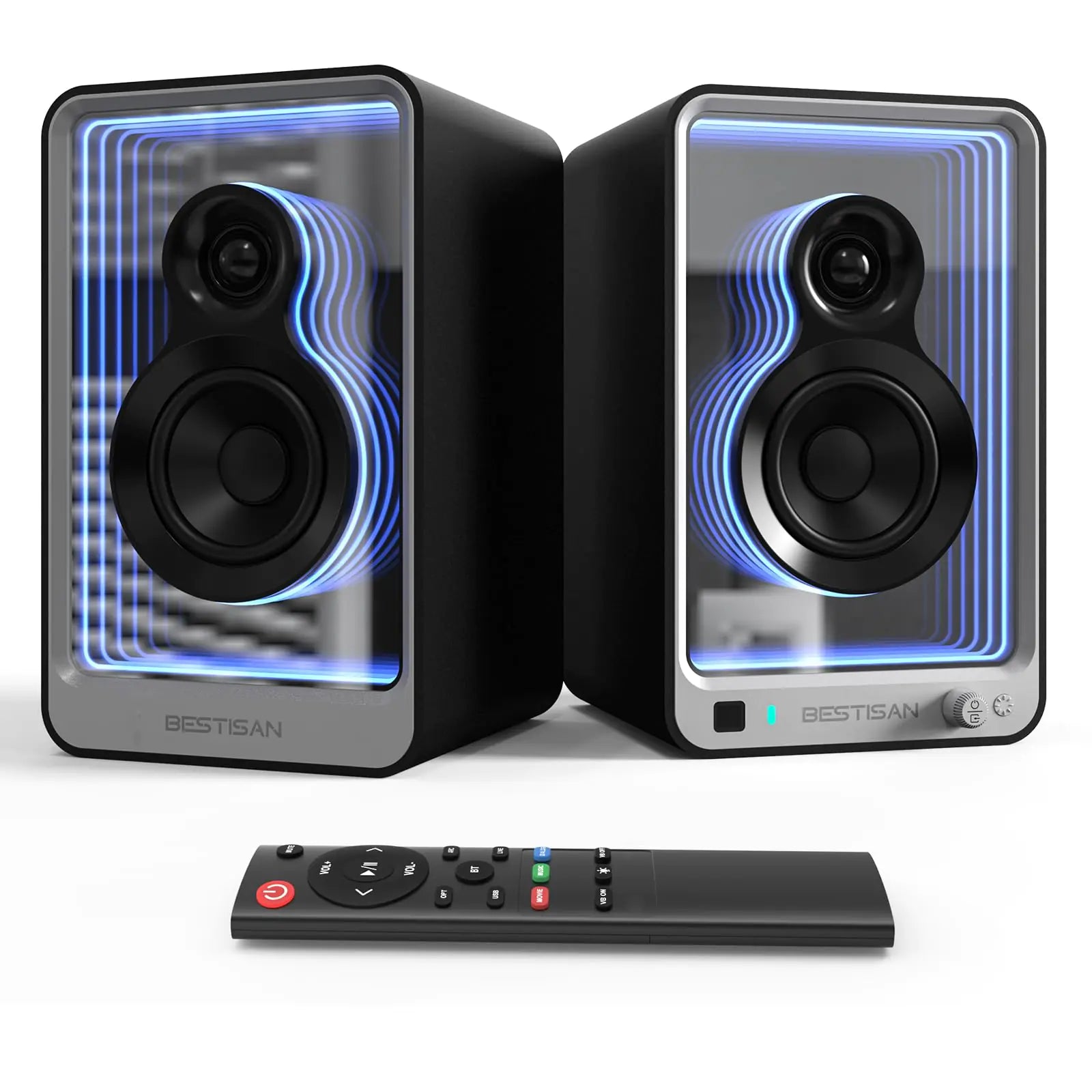 BESTISAN SR15 Bluetooth Bookshelf Speakers Active Stereo Speakers for TV/Record Player with Subwoofer Out and Light Effects Turntable Speakers with Optical/ARC/RCA Inputs for PC and TVs