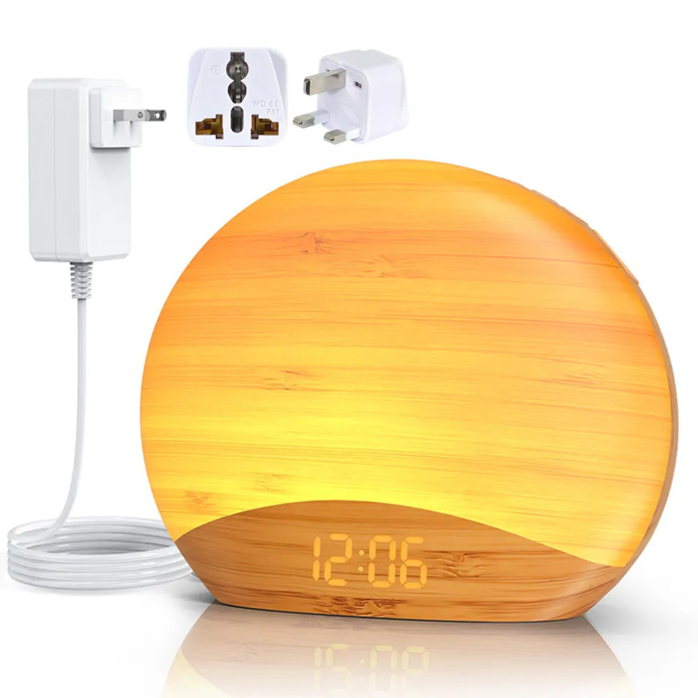 KERCHAN Natural Wood Grain Sound Machine Sunrise Alarm Clock26 Nature Inspired Sleeping Sounds,0-100% Dimmable Clock,Night Light