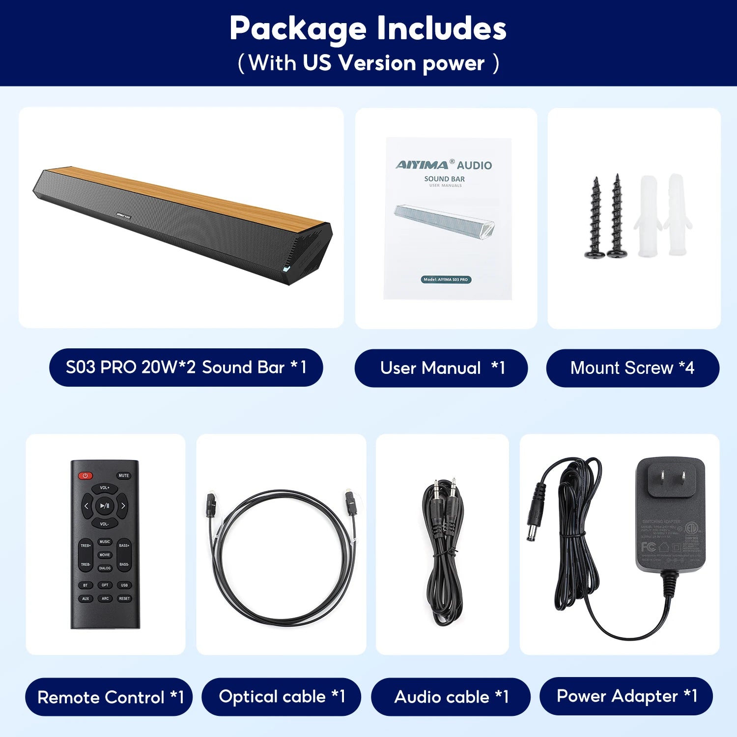 AIYIMA S03 Pro TV Sound Bar Power 160W Bluetooth Wood Grain Surround Soundbar Home Sound Theater TV HIFI Speaker Subwoofer