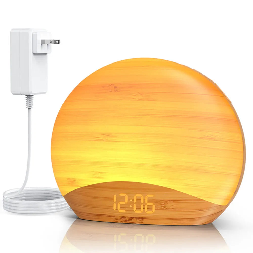 KERCHAN Natural Wood Grain Sound Machine Sunrise Alarm Clock26 Nature Inspired Sleeping Sounds,0-100% Dimmable Clock,Night Light