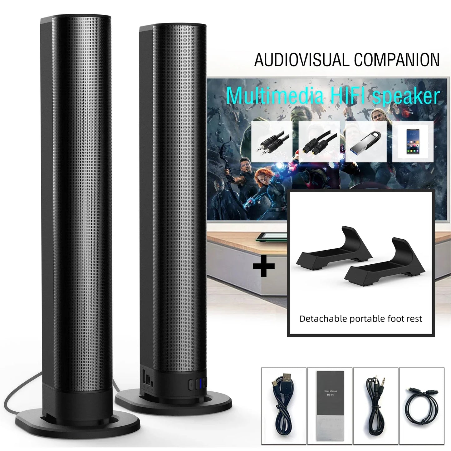 BS-56 TV Bluetooth Speakers AUX/BT/OPT Connections Soundbars With 2-In-1 Detachable Home Cinema Sound System FM Soundbar