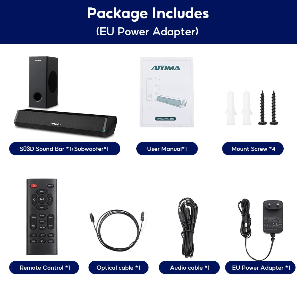 AIYIMA S03D Audio Soundbar With Subwoofer for Home TV Wireless Bluetooth 2.1 Sound Bar HD Surround Sound System for PC Gaming