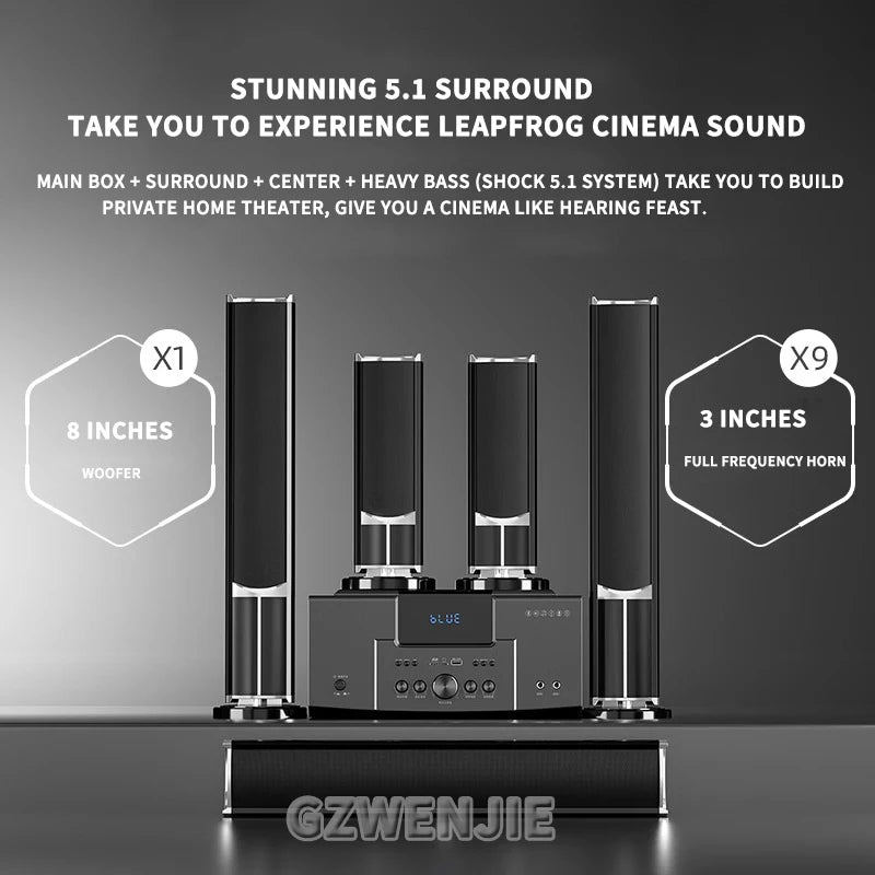 8 Inch High Power TV Living Room KTV Bluetooth 4.0 Speaker Stereo Sound Subwoofer Speaker 5.1 Home Theater System Audio Set 4Ω