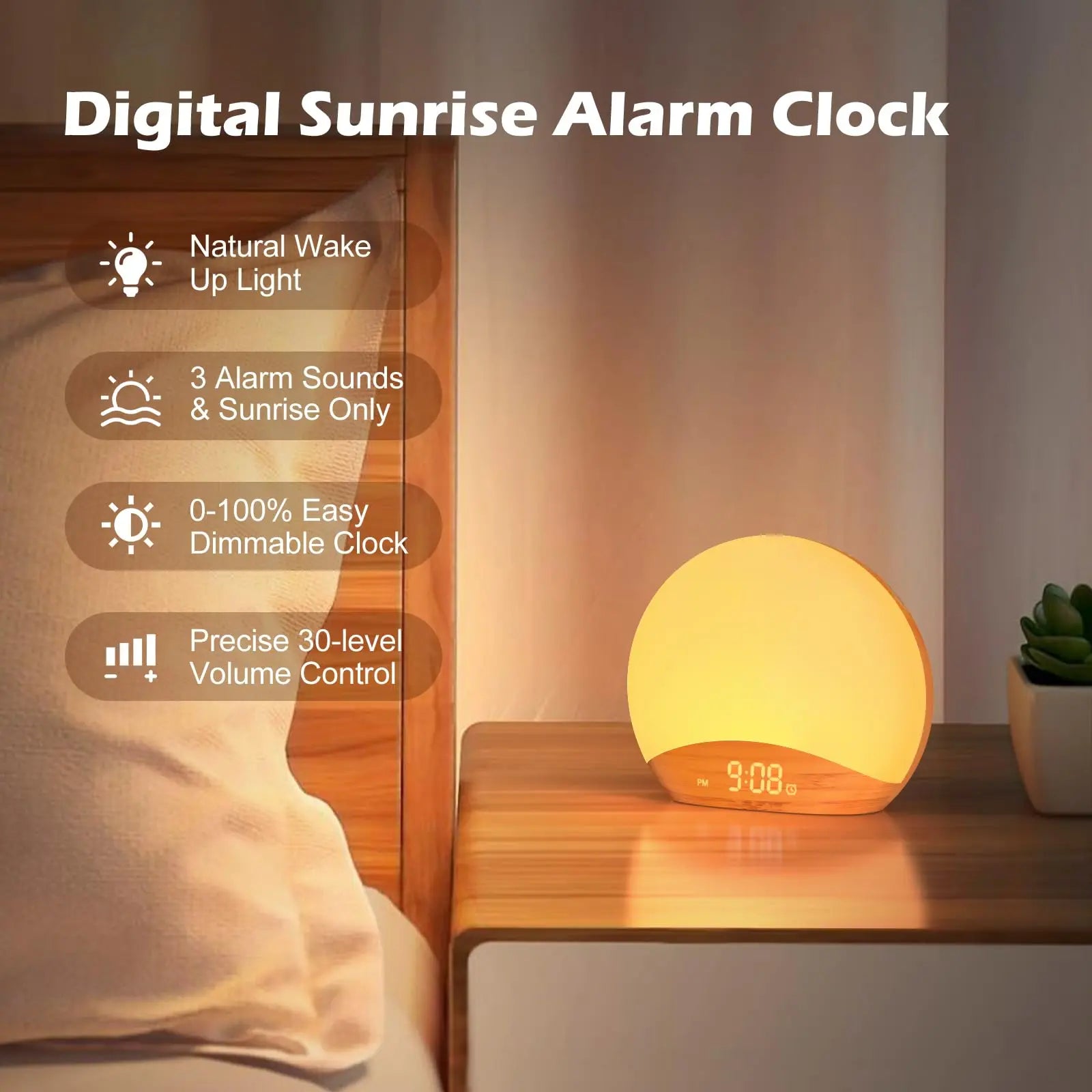 KERCHAN Wood Grain Sunrise Alarm Clock and Sound Machine Nightlight,Digital Dimmable Clock for Bedroom,26 Sleep Sounds