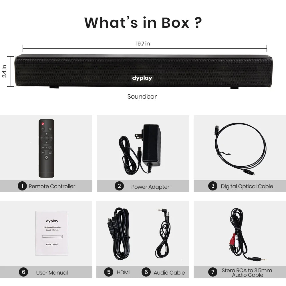 Bluetooth Speaker 100W Wireless Soundbar 20-Inch for TV Wall Mountable 3D Stereo Sound for Home Theater and Gaming Multiple Plug