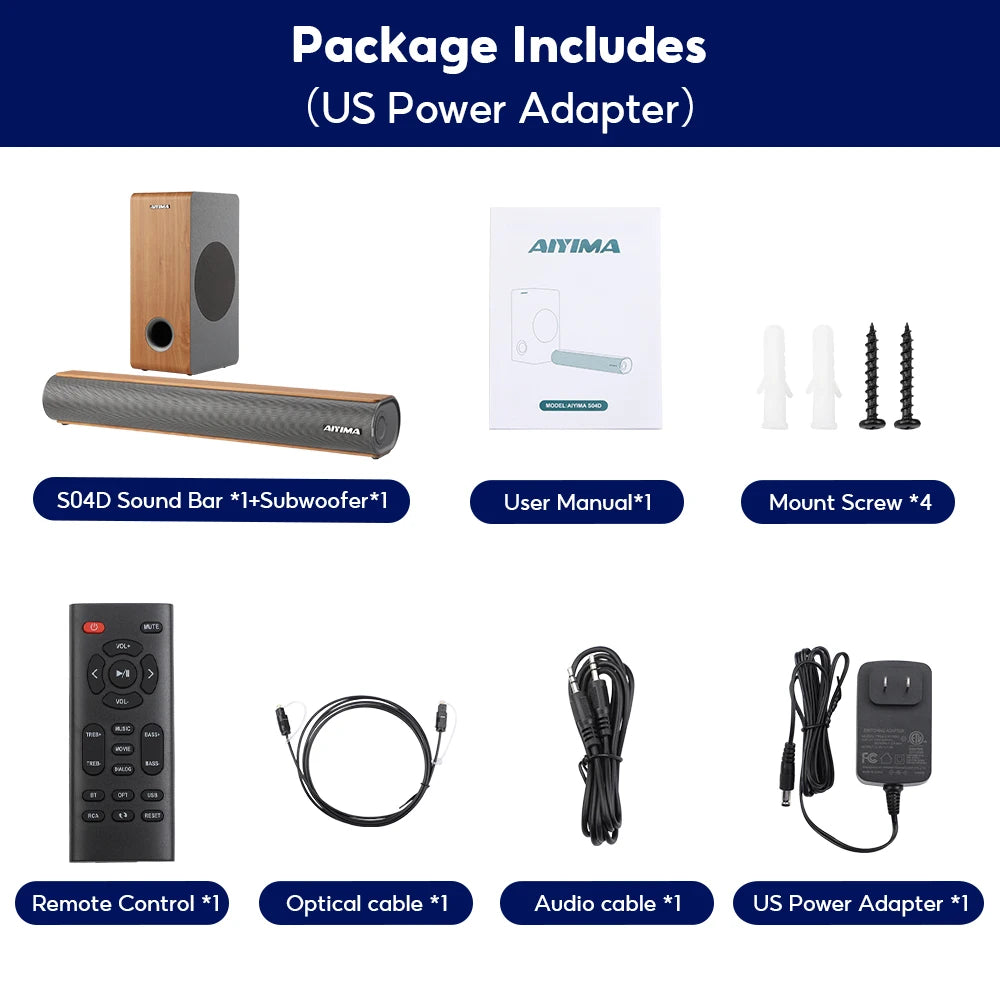 AIYIMA S04D 19 Inch 120W Soundbar Wireless Subwoofer for TV Bluetooth 2.0 Channel 3D Surround Sound Bar Speakers Home Theater