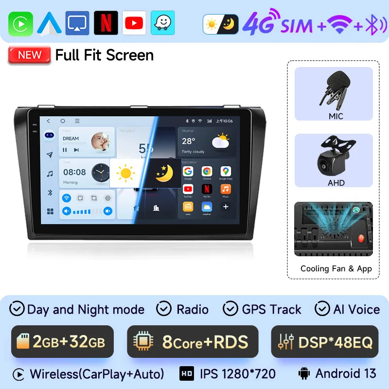 2 Din Android 12 for Mazda 3 2004-2009 Car Radio Multimedia Player Stereo Navigation With BOSE Carplay Speakers Head Unit Video