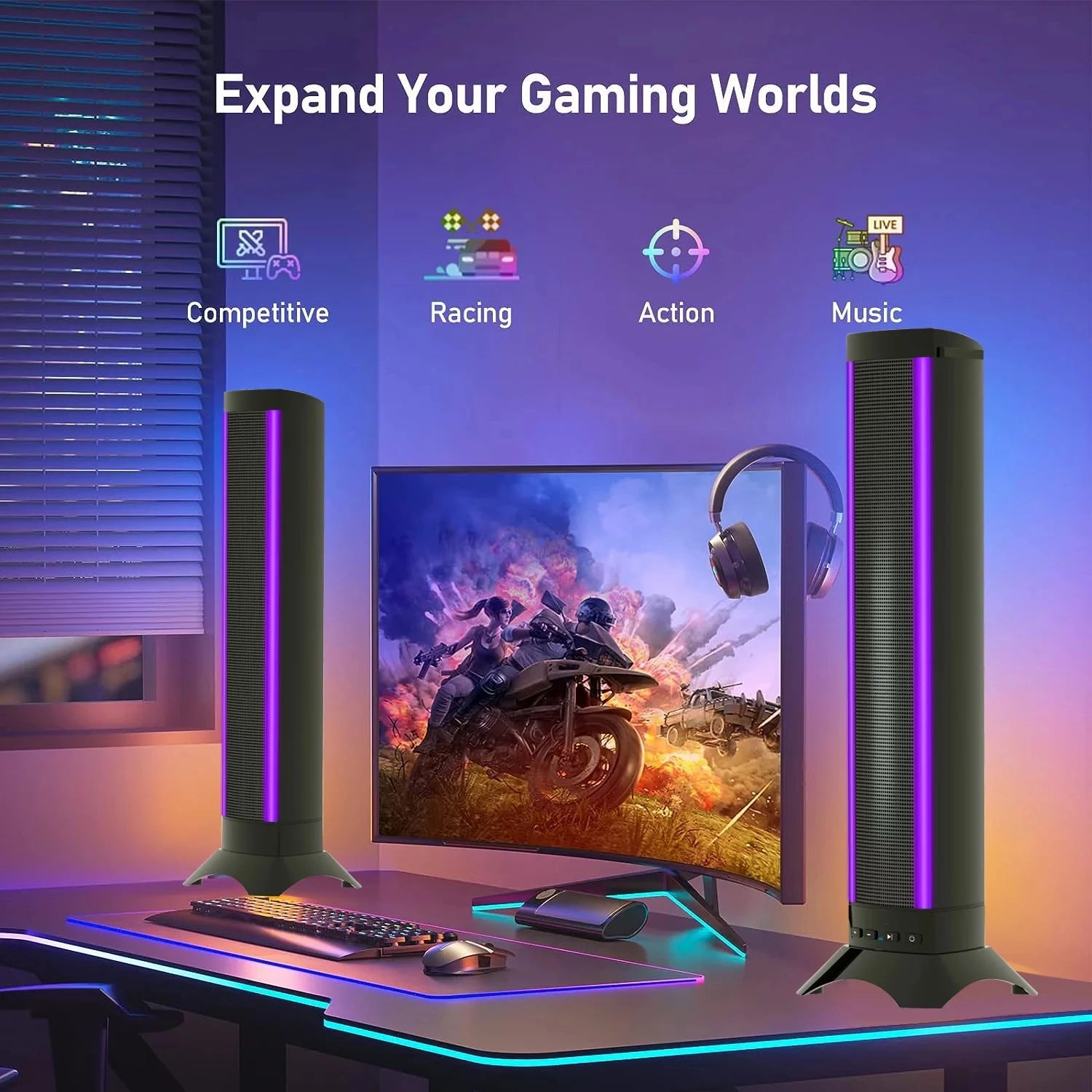 25in Sound Bars for TV Home Theater, Dual Subwoofers & 4 Speakers, 3D Stereo Surround Bluetooth System, Foldable Split Wireless