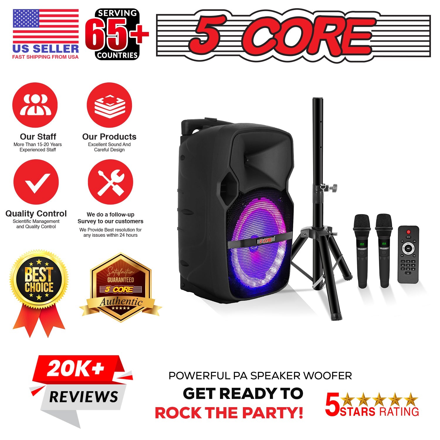 5Core 10 inch PA Portable Bluetooth Party Speaker Karaoke Boombox + 2