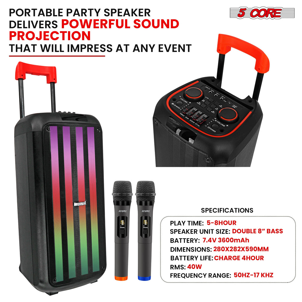 5Core Bluetooth Party Speaker 8 inch PA RGB Partybox Karaoke Machine +
