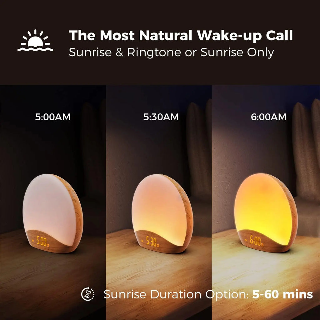 KERCHAN Wood Grain Sunrise Alarm Clock and Sound Machine Nightlight,Digital Dimmable Clock for Bedroom,26 Sleep Sounds
