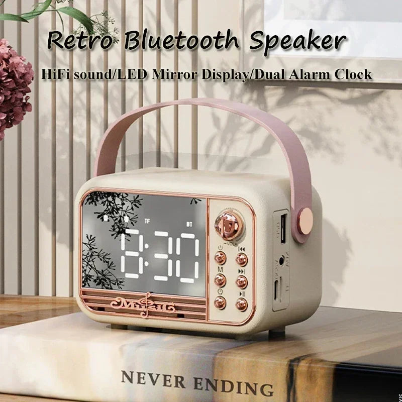 Classical Music Player  Retro Bluetooth Speaker LED Mirror HIFI Stereo Sound With Time Display Dual Alarm Clock Support TF AUX