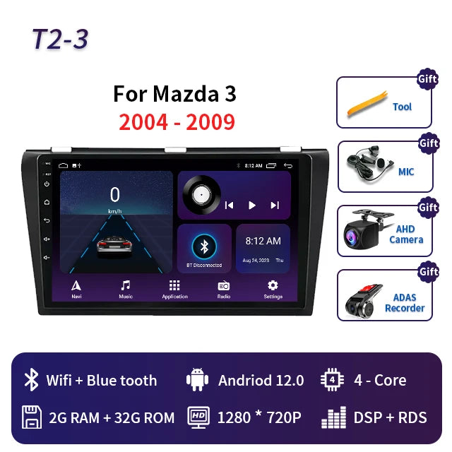 2 Din Android 12 for Mazda 3 2004-2013 Car Radio Multimedia Player Stereo Navigation With BOSE Carplay Speakers Head Unit Video