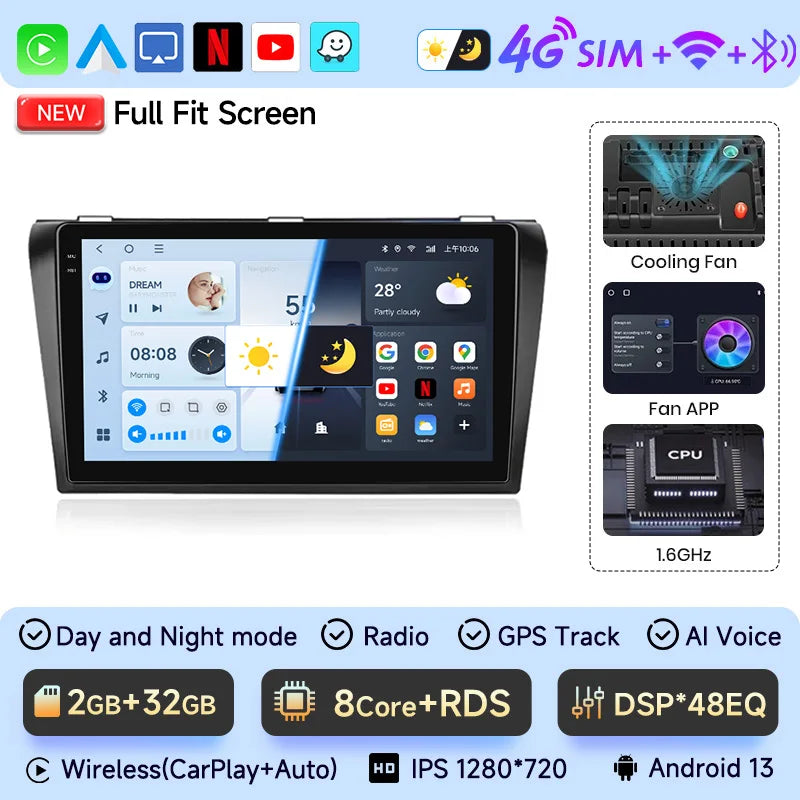 2 Din Android 12 for Mazda 3 2004-2009 Car Radio Multimedia Player Stereo Navigation With BOSE Carplay Speakers Head Unit Video